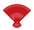 Red fan-shaped laser-cut wedding place cards with intricate hollow patterns on white - Pearlescent Red