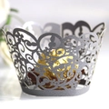 Elegant laser-cut silver pearl paper cupcake wrappers with intricate floral vine patterns - Silver Charcoal
