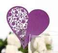 Purple laser-cut heart glass place card with hollow floral pattern for wedding decor - Dark Purple