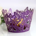 Elegant deep purple laser-cut cupcake wrapper with intricate butterfly pattern design - Dark Purple