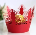 Laser-cut red Christmas cupcake wrappers with hollow snowflake and pine tree patterns - Pearlescent Red