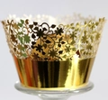 Golden laser-cut cupcake wrappers with floral vine patterns for wedding dessert decoration - Reflective Gold