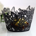 Elegant black laser-cut cupcake wrappers with intricate butterfly patterns for events - Black Khaki