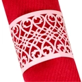 Pink laser-cut paper napkin ring with heart scroll pattern on red fabric napkin - Pink