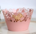 Pink laser-cut lace cupcake wrapper with floral pattern holding a golden chocolate truffle - 5cm / Pink