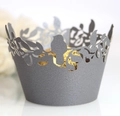 Detail of laser-cut bird pattern on pearl grey cupcake wrapper with shimmer texture - Silver Charcoal; 5CM