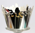 Detail of silver laser-cut cupcake wrapper with bird and leaf hollow patterns - Reflective Silver; 5CM