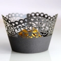 Black laser-cut cupcake wrapper with hollow heart and floral vine vine pattern - 5cm / Silver Charcoal
