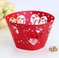 Detailed laser-cut red paper cupcake wrappers with heart motifs and LOVE lettering - Pearlescent Red