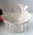 Laser cut lace cupcake wrappers featuring laser cut silhouettes of bride and groom for weddings - Silver