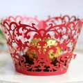 Red laser-cut lace cupcake wrapper with intricate patterns for wedding cake decoration - Pearlescent Red