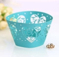 Laser cut heart cupcake wrapper in Tiffany blue with LOVE cutout for party decor - Teal Blue