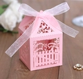 Pink laser-cut European fence style candy box with a white organza ribbon bow for weddings - Pink