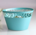 Laser-cut Merry Christmas cupcake wrappers in teal blue with elegant pearlescent texture - 5*5*8CM / Tiffany Blue