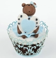 Laser-cut cupcake wrapper in blue with brown bear and heart topper for wedding party - Pearl Pale Blue