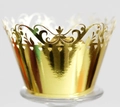 Detail of laser-cut gold crown lace cupcake wrapper with heart hollow pattern - Reflective Gold