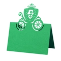Detailed laser-cut green wedding place card featuring an intricate carriage design - Dark Green