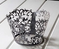 Elegant laser cut black cupcake wrapper with intricate floral lace pattern for decoration - Black Sparkle