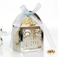 Detailed laser-cut fence style favor box with intricate hollow patterns and blue ribbon - Reflective Silver