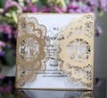 Elegant laser-cut navy blue wedding invitation with gold glitter lace and bird details - Beige Gold