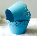 Detail of blue laser-cut cupcake wrapper featuring intricate rose lace patterns for weddings - Sky Blue