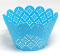 Detailed laser-cut petal pattern on light blue lace cupcake wrapper with scalloped edge - Sky Blue