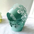 Mint green laser cut cupcake wrappers with elegant scroll filigree pattern for parties - Tiffany Blue