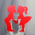 Detail of red glitter boy and girl silhouette laser cut cards for wedding cake decor - Pearlescent Red