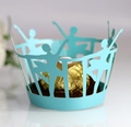 Detail of light blue laser-cut cupcake wrapper featuring ballerina silhouettes and lace - 5*5*8CM / Tiffany Blue