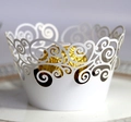 Elegant white laser-cut cupcake wrapper with intricate swirl patterns in a semi-circle shape - White