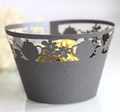 Detail of laser-cut tea party cupcake wrappers in dark grey with teapot and floral patterns - Silver Charcoal