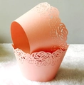 Pink laser-cut lace cupcake wrappers with elegant rose pattern for cake decoration - Pink