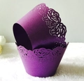 Deep purple laser-cut cupcake wrappers with rose patterns in elegant pearlescent paper - Dark Purple