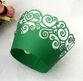 Green laser-cut cupcake wrapper with elegant filigree pattern and secure slot closure - Dark Green