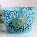 Laser-cut light blue cupcake wrapper with elegant vine patterns for wedding decor - Sky Blue