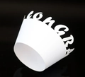 White laser-cut paper cupcake wrapper featuring CONGRATS lettering for celebrations - White