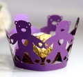 Purple laser-cut paper cupcake wrapper with heart-pattern bear design for weddings - Dark Purple