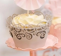 Laser-cut cupcake wrapper with elegant scroll pattern in light pink metallic finish - Silver