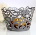 Macro shot of dark grey laser-cut cupcake wrapper with elegant floral vine details - 5cm / Silver Charcoal