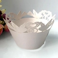 Detailed laser-cut cupcake wrapper featuring heart and bird patterns for wedding decor - Silver