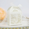 White laser-cut candy box with floral patterns and ribbon for wedding gift packaging - Ivory