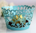 Teal laser-cut lace cupcake wrapper with intricate floral pattern for elegant baking decor - 5cm / Tiffany Blue