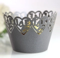 Detailed laser-cut silver cupcake wrapper with heart pattern and LOVE lettering - Silver Charcoal