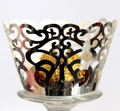 Macro shot of silver laser-cut cupcake wrapper with ornate vine lace and golden chocolate - 5cm / Reflective Silver