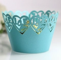 Sky blue laser-cut cupcake wrapper with heart border and LOVE lettering for weddings - Tiffany Blue
