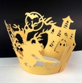 Golden laser-cut Halloween cupcake wrapper featuring witch and haunted castle designs - 5cm / Gold