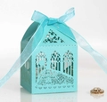 Laser cut Tiffany blue wedding favor box with intricate patterns and satin ribbon bow - Teal Blue