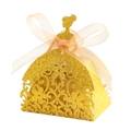 Laser-cut gold glitter paper candy box in elegant princess dress shape with pink ribbon - Thick Rich Gold 93#