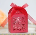Elegant red laser-cut candy gift box with floral patterns and a satin ribbon bow - Pearlescent Red