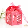 Detail of red laser-cut birdcage candy box with elegant ribbon bow for weddings - Pearlescent Red
